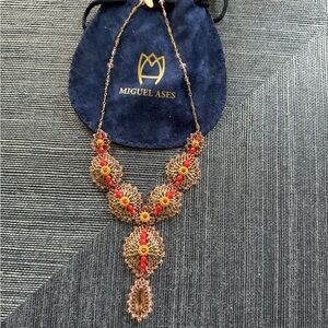 Miguel Ases Handbeaded Drop Pendant Necklace in Coral and Gold Beading